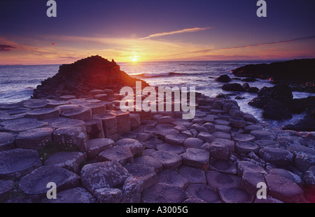 Giorno Midsummers tramonto al Giants Causeway, Co Antrim, Irlanda del Nord. Foto Stock