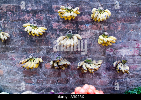 Banane appeso come opere d'arte sono in vendita sul ciglio della strada a Dacca in Bangladesh Foto Stock