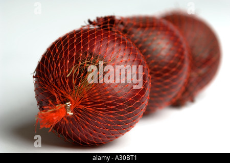 Le cipolle rosse in borse di maglia contro il bianco di sfondo per studio Foto Stock