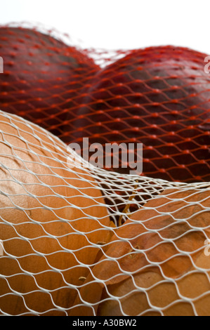 Spagnolo e le cipolle rosse in borse di maglia contro il bianco di sfondo per studio Foto Stock