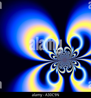 Grafica digitale astratta con fluide tracce di luce blu neon e linee curve su sfondo scuro Foto Stock