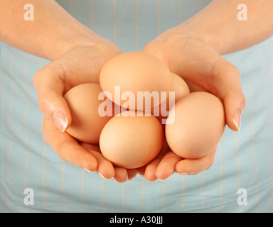 Donna che mantiene le uova di colore marrone Foto Stock