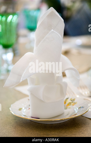 Piegato tovagliolo bianco su una piastra laterale Foto Stock