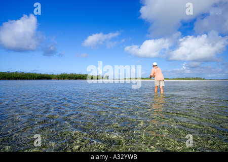 Bahamas, Abaco. Uomo di Pesca a Mosca Report di Pesca in acque poco profonde sulla piana di acqua salata per bonefish. Foto Stock