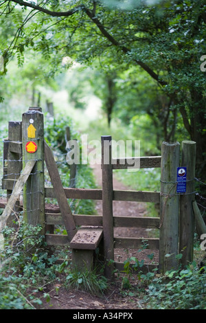 Stile e il sentiero del Cotswold Way National Trail a Crickley Hill Foto Stock