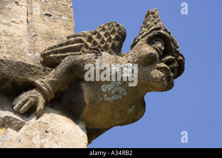 Weathered gargoyle colpite dalla pioggia acida chiesa di St Peters Winchcombe REGNO UNITO Foto Stock