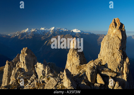 Aiguille d Argentiere e la Tour Noir da Pierre Avoi Sopra Verbier in quattro valli regione di La Vallese Svizzera Foto Stock