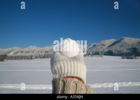 Felice lotta con le palle di neve in inverno Foto Stock