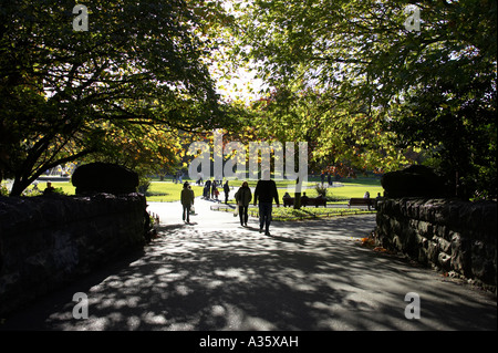 La gente camminare sopra la pietra O'Connell Bridge sotto gli alberi in St Stephens Green Dublin City Centre Foto Stock