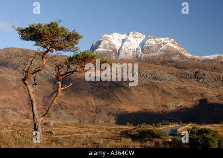 Slioch Mountain torreggia sopra Loch Maree a Kinlochewe, Wester Ross nelle Highlands Scozzesi. XPL 4460-422 Foto Stock