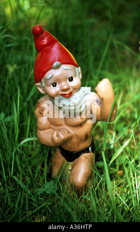 Uno gnomo da giardino a 'Gnome Magic' una attrazione turistica sul vecchio Ipswich Road, Dedham vicino a Colchester, Essex. Foto Stock