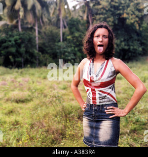 Esseri bonnie bonnily bonny calorico britannico colorata colorata di conduzione Inghilterra simpatico alfiere fashion femmine femme bandiera bello Foto Stock