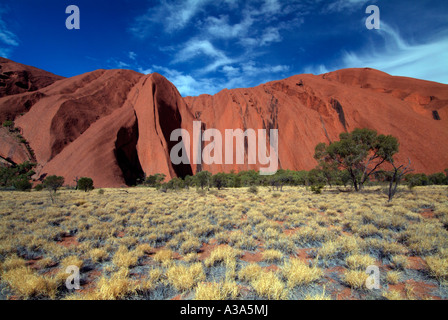 Ayers Rock poco dopo l'alba come visto lungo la base a piedi intorno a Uluru con scrub in primo piano Foto Stock