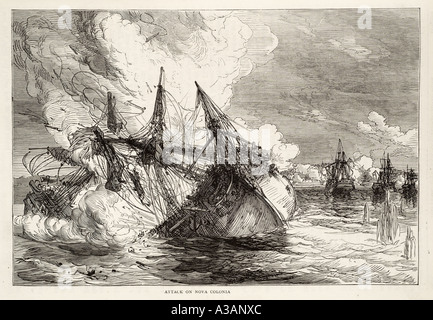 Attacco nova colonia insediamento Portoghese Uruguay river plate guerra con la Spagna 1763 Sud America battaglia navale Foto Stock