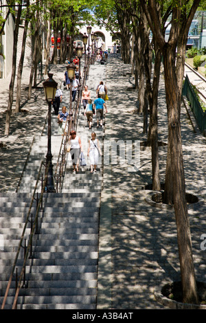 Francia Ile de France Paris Montmartre persone in ombra sulla alberata passi di Rue Foyatier accanto la funiculare Foto Stock