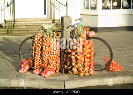 Cipolla francese venditori moto e bicicletta cipolle Foto Stock