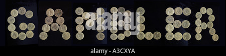 Sterlina britannica monete formante la parola giocatore nelle capitali su nero Foto Stock
