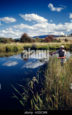 Pesca alla trota di fiume Macquarie vicino Cressy a nord-est della Tasmania Australia verticale Foto Stock