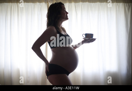 Silhouette di donna incinta con una tazza di tè Foto Stock