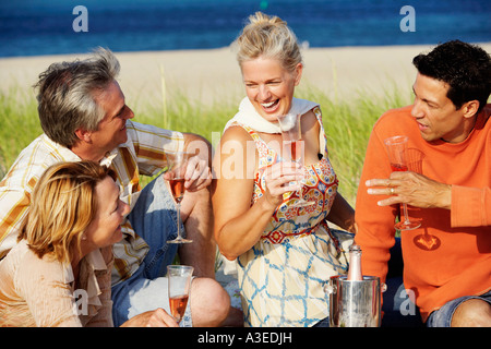 Due coppie mature seduto sulla spiaggia e la holding champagne flauti Foto Stock