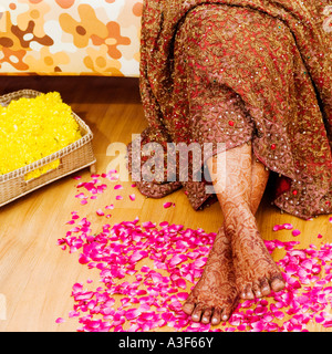 Bassa vista in sezione di una sposa con henna tatuato piedi sui petali di rosa Foto Stock