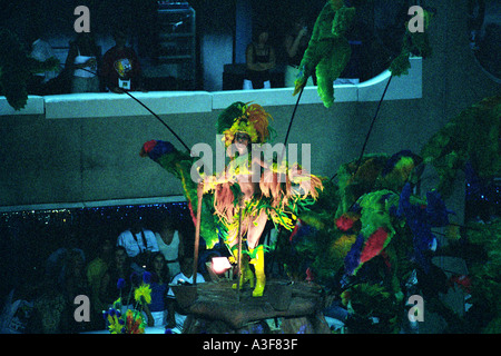 Ragazza in costume danza su un galleggiante nel carnevale di Rio Foto Stock