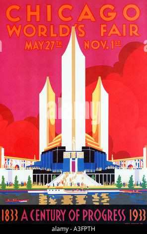 Chicago fiera dei mondi 1933 art deco poster per l'Illinois exhibition segnando un secolo di progresso Foto Stock
