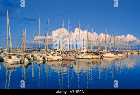 Ancoraggio yacht a Marina di Horta Faial Island Azores Portogallo Europa Foto Stock