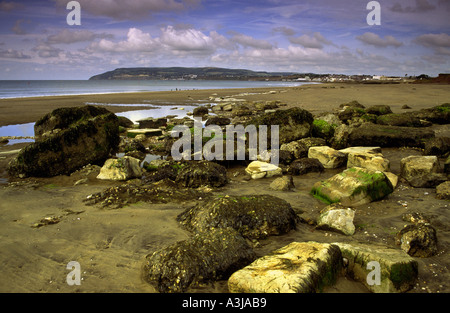 Spiaggia di scena a bassa acqua a Yaverland guardando verso il Sandown e Shanklin Isle of Wight England Regno Unito Foto Stock