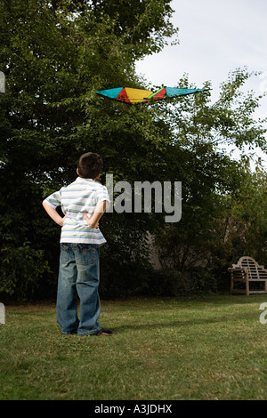 Ragazzo che guarda al kite nella struttura ad albero Foto Stock