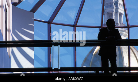 Silhouette di maschio executive in ufficio torre atrium Foto Stock