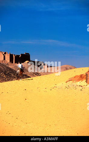 L'uomo corse in cammello dune di sabbia sul bordo del deserto del Sahara in Egitto Foto Stock