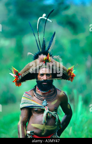 Un Huli tribesman indossando il guerriero s tradizionale capelli umani tari parrucca Southern Highlands di Papua Nuova Guinea Foto Stock