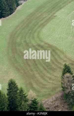La fertilizzazione di un prato di montagna con concime, Alto Adige, Italia Foto Stock