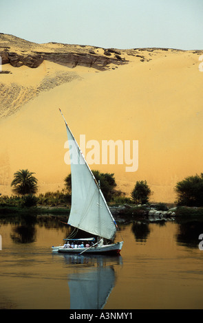 Felucca, egiziane barca a vela di fronte al deserto del Sahara. Nilo ad Aswan con feluca e deserto. Aswan. L'Egitto. L'Africa. Foto Stock