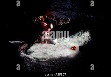 Femmina speleologo strisciando in acqua in Galles del Sud grotta REGNO UNITO Foto Stock