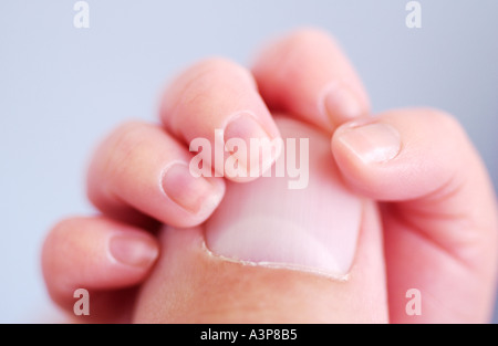 Tiny bambinos dita di tenere su adulti pollice Foto Stock