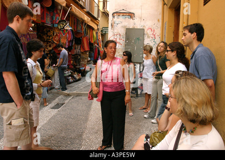 Tour guida per spiegare la storia di alcune delle strade di Granada Spagna Foto Stock