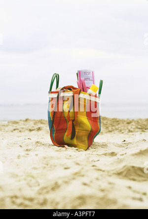 Borsa da spiaggia sulla spiaggia Foto Stock