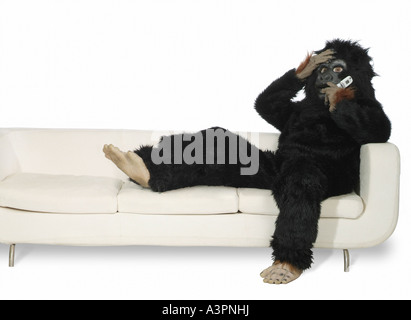 L uomo vestito in un costume gorilla seduto su un divano e di effettuare una chiamata telefonica Foto Stock