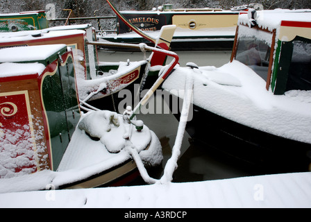 Narrowboats al braccio Saltisford del Grand Union Canal, nevoso, Warwick, Warwickshire, Inghilterra, Regno Unito Foto Stock