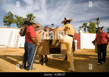 Un monosabio picador è assistente di solito indossando una maglietta rossa aiutando picador per ottenere sul cavallo prima una corrida Foto Stock