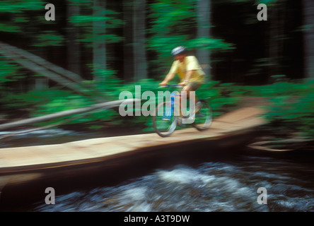 Un mountain biker è una sfocatura di movimento come egli attraversa un ponte su un fiume vicino a Marquette Michigan Foto Stock