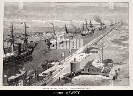 Canale di Suez apertura aperta 1869 processione vapore vapore nave a vela barca fluviale medio oriente Egitto viaggi di trasporto civile cerimonia Foto Stock