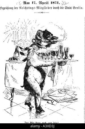 Geografia/viaggio, Germania, politica, Parlamento, caricatura, 'recezione dei membri del Reichstag dalla città di Berlino', disegno, Kladderadatsch, 1871, orso, stampa, media, 19th secolo, , Foto Stock