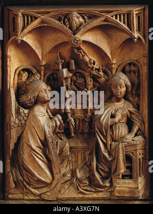 Belle arti, l'arte religiosa, Santa Maria, Annunciazione, carving da Heinrich Iselin e Simon Haider, dado legno, circa 1470, chiesa di Foto Stock