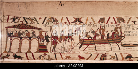 Belle arti, medioevo, romanico, Arazzo di Bayeux, Norman, Inghilterra, circa 1070 - circa 1082, dettaglio, Harold Godwinson getting Foto Stock