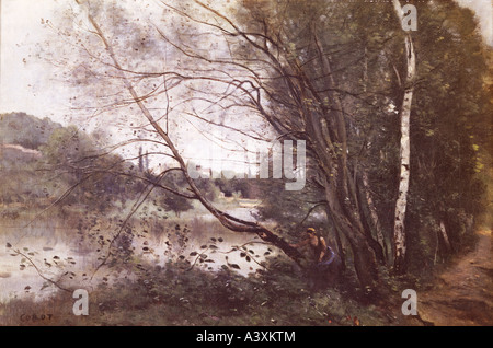 "Belle Arti, Corot, Jean-Baptiste Camille, (1796 - 1875), pittura, "stagno con incurvamento tree", museo, Reims, storico historica Foto Stock