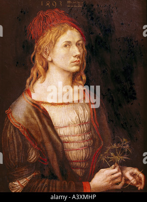 "Belle Arti, Dürer, Albrecht, (1471 - 1528), pittura, 'Selbstbildnis mit Distel' ('self-ritratto con thistle'), 1493, parc Foto Stock