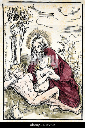 "Belle Arti, l'arte religiosa, Adamo ed Eva, creazione di Eva, xilografia, colorato da Lucas Cranach il Vecchio (1472 - 1553), illustrat Foto Stock